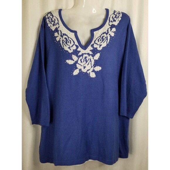 Cathy Daniels Tops - Women' Sweater Top Cathy Daniels Studded Embellished V-Neck Blue 3/4 Size 2X